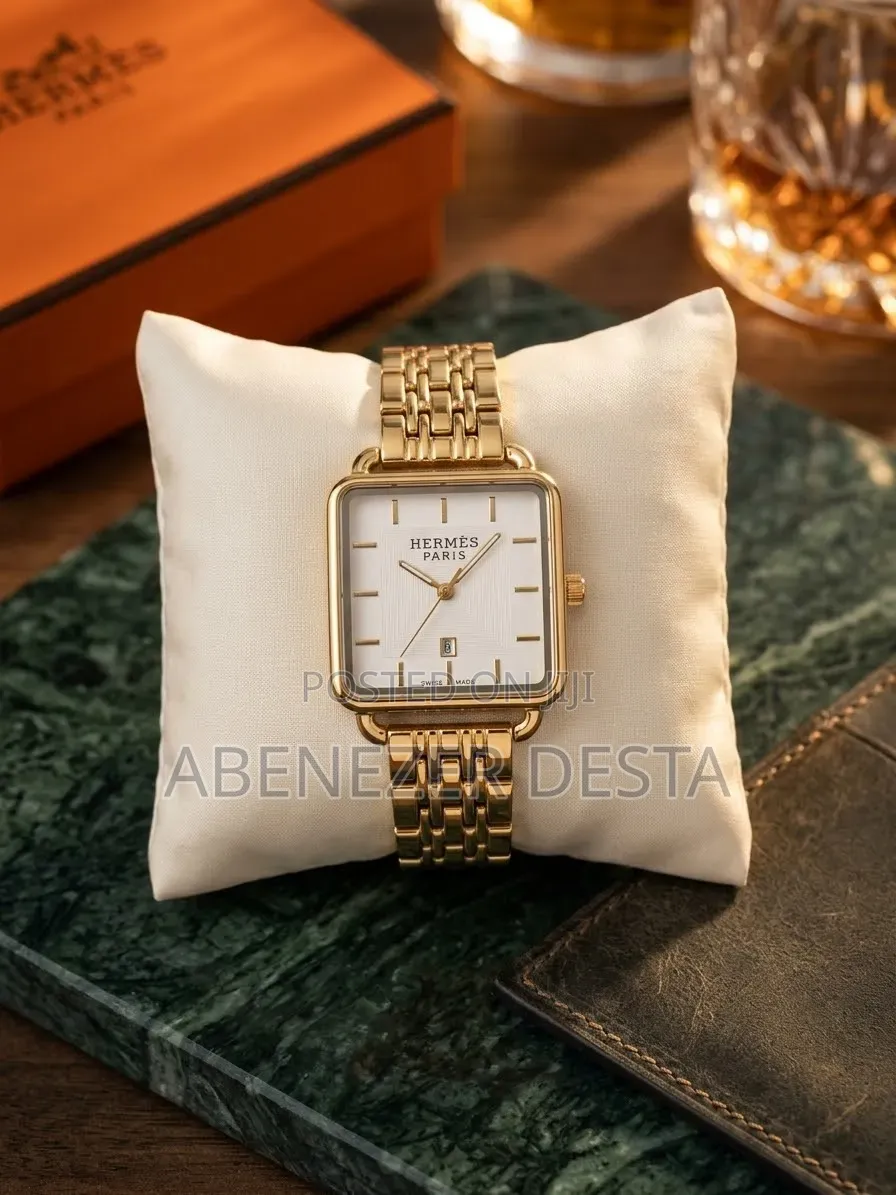 Hermes Paris Gold-Tone Square Rectangular Women's Watch a White Dial,