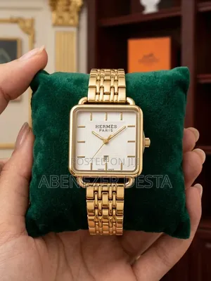 Hermes Paris Gold-Tone Square Rectangular Women's Watch a White Dial,