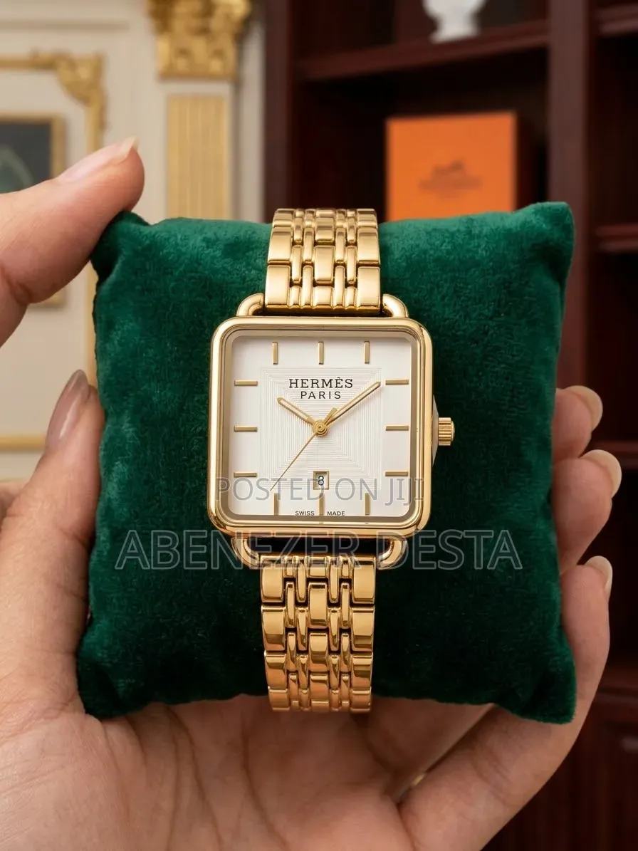 Hermes Paris Gold-Tone Square Rectangular Women's Watch a White Dial,