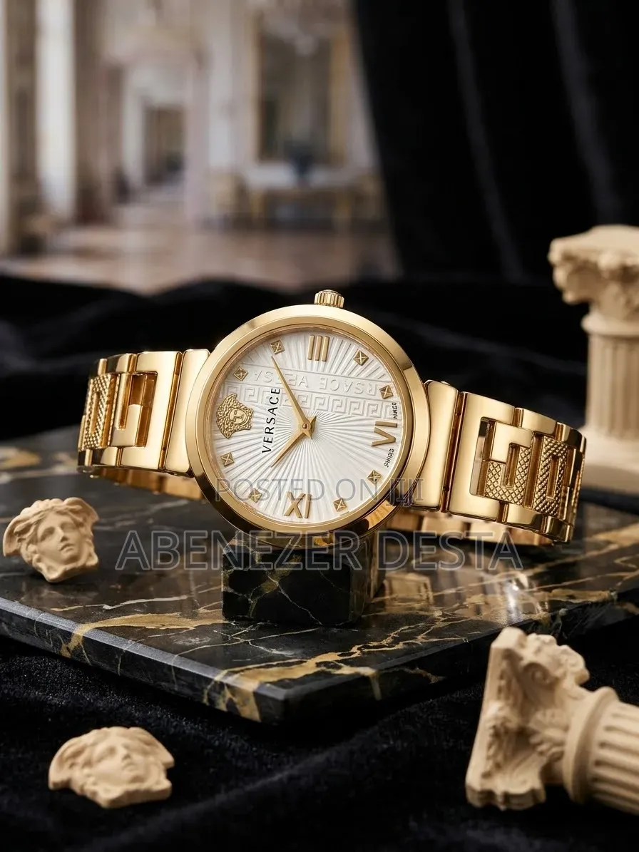 Women's Gold-Tone Versace White Textured Dial, Gold Roman Numerals