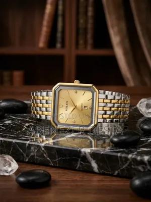 Two-Tone Vintage-Style Rectangular Quartz Bearing Decorative "Rolex"