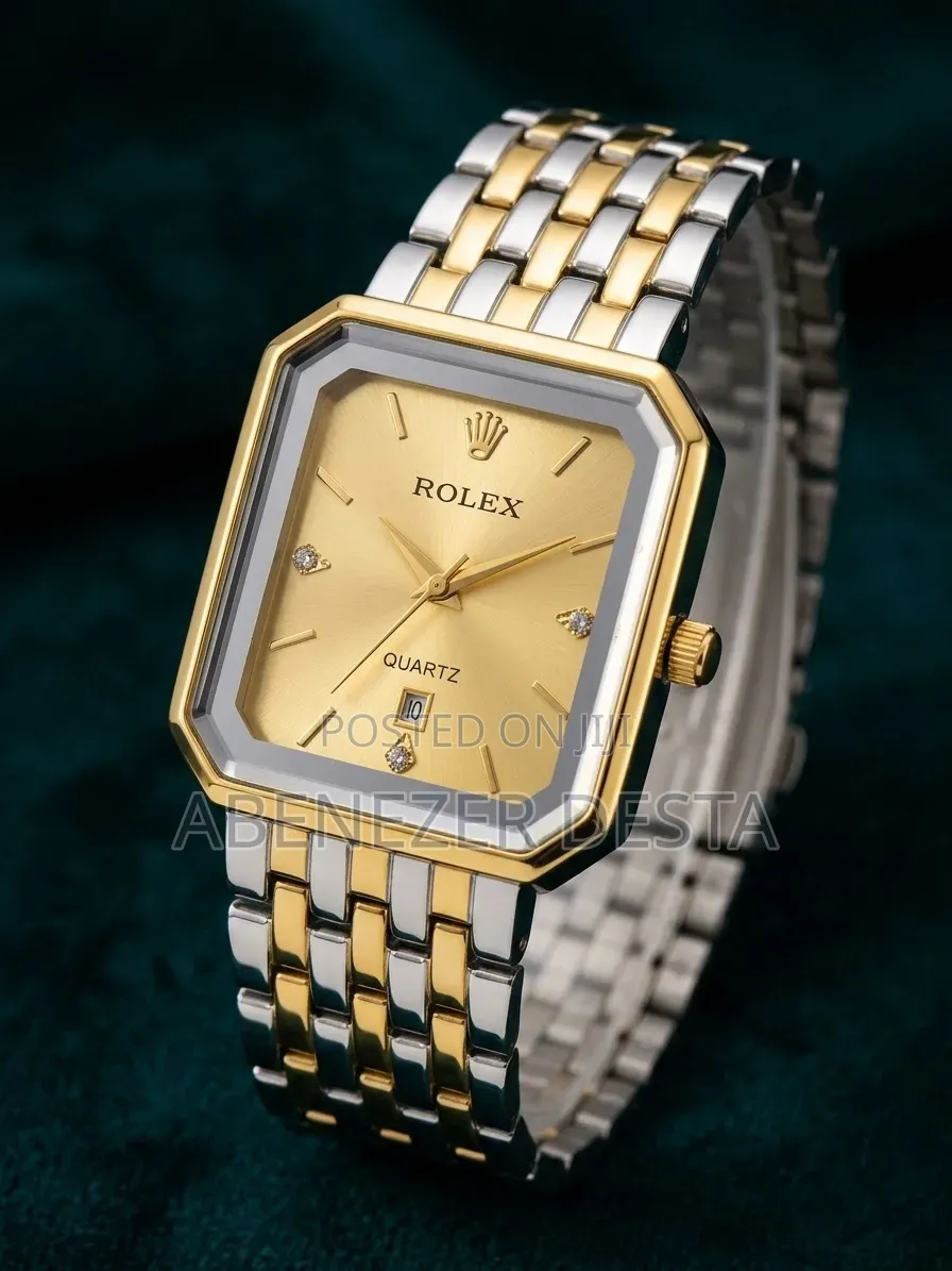 Two-Tone Vintage-Style Rectangular Quartz Bearing Decorative "Rolex"
