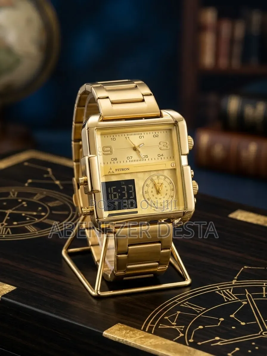 Fitron Gold-Toned Square-Case Multifunction Quartz Digital and Analog