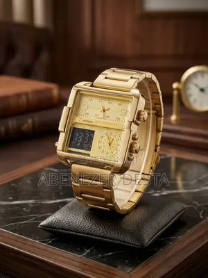 Fitron Gold-Toned Square-Case Multifunction Quartz Digital and Analog