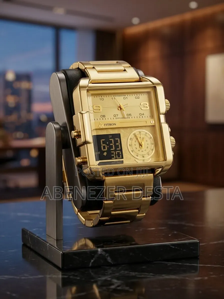 Fitron Gold-Toned Square-Case Multifunction Quartz Digital and Analog