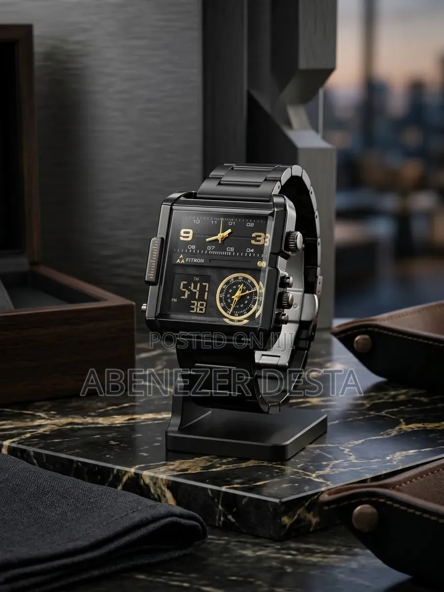 Fitron Featuring a Large Square Case, a Stainless Steel Black Band,