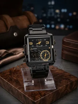 Fitron Featuring a Large Square Case, a Stainless Steel Black Band,