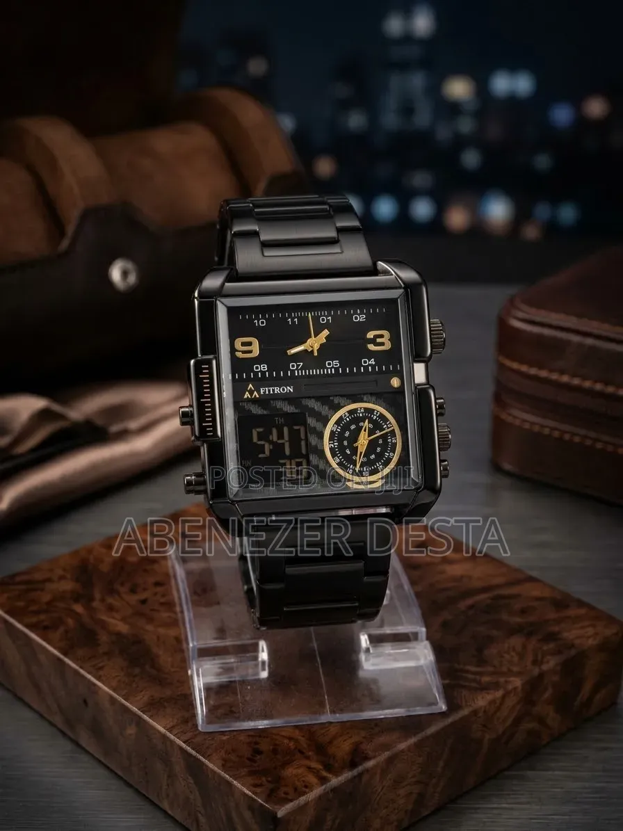 Fitron Featuring a Large Square Case, a Stainless Steel Black Band,