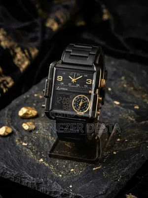Fitron Featuring a Large Square Case, a Stainless Steel Black Band,