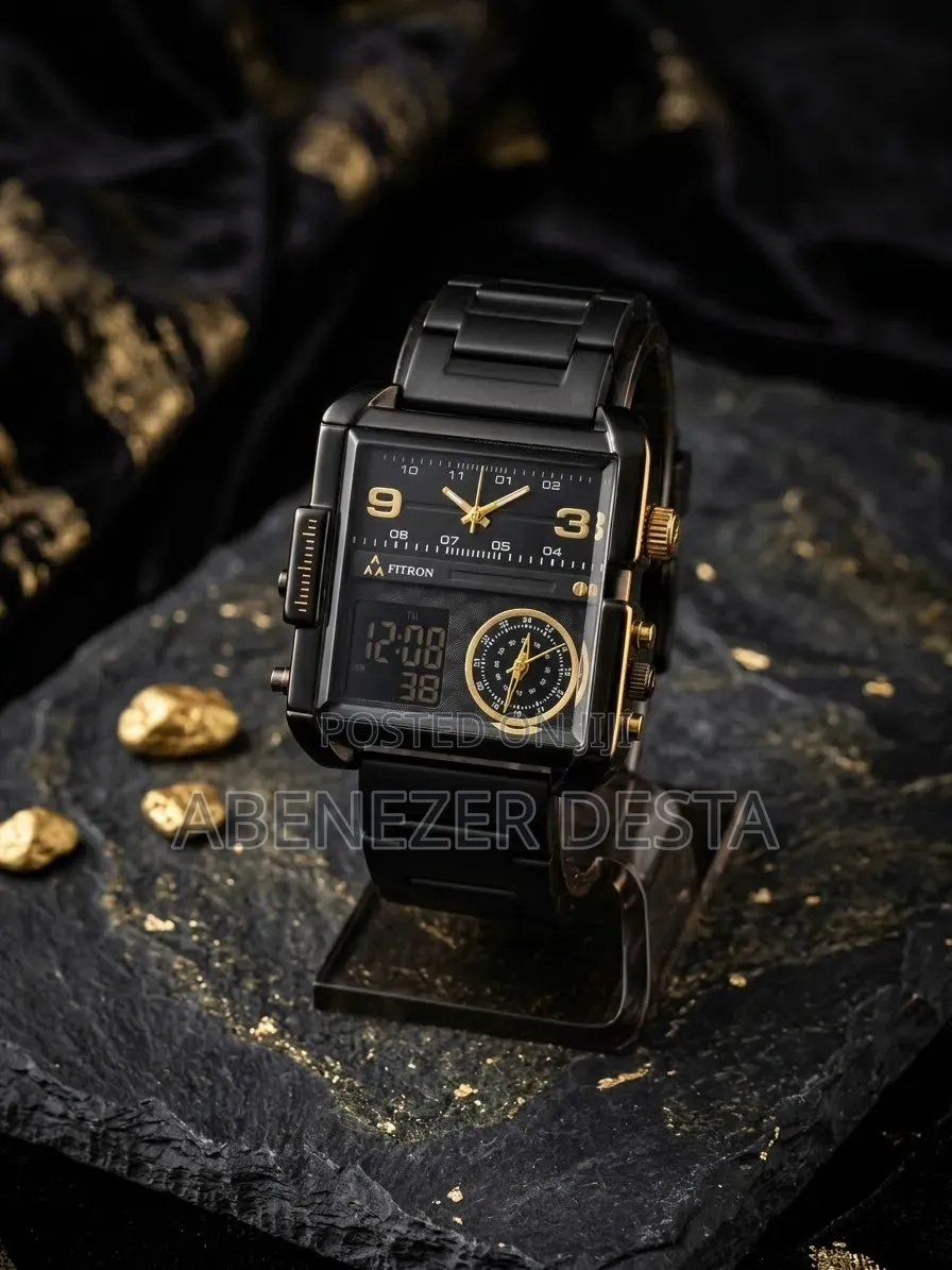 Fitron Featuring a Large Square Case, a Stainless Steel Black Band,