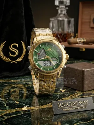 Gold-Toned Success Way Dual-Display Analog-Digital Green Textured Dial