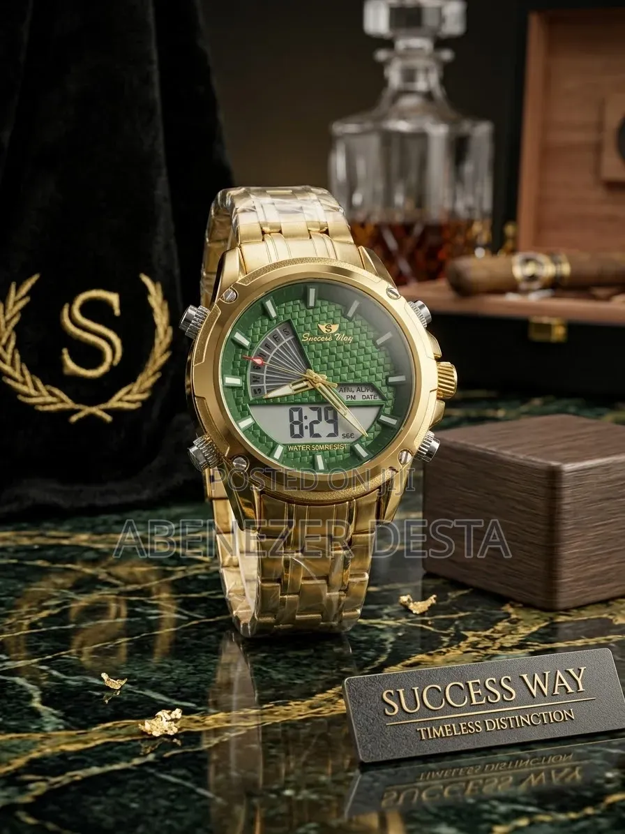 Gold-Toned Success Way Dual-Display Analog-Digital Green Textured Dial