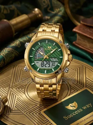 Gold-Toned Success Way Dual-Display Analog-Digital Green Textured Dial