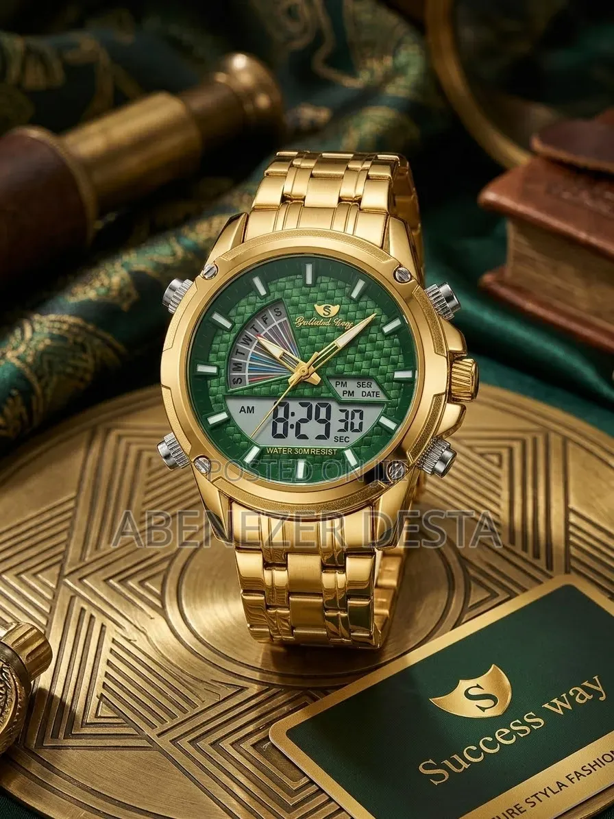 Gold-Toned Success Way Dual-Display Analog-Digital Green Textured Dial