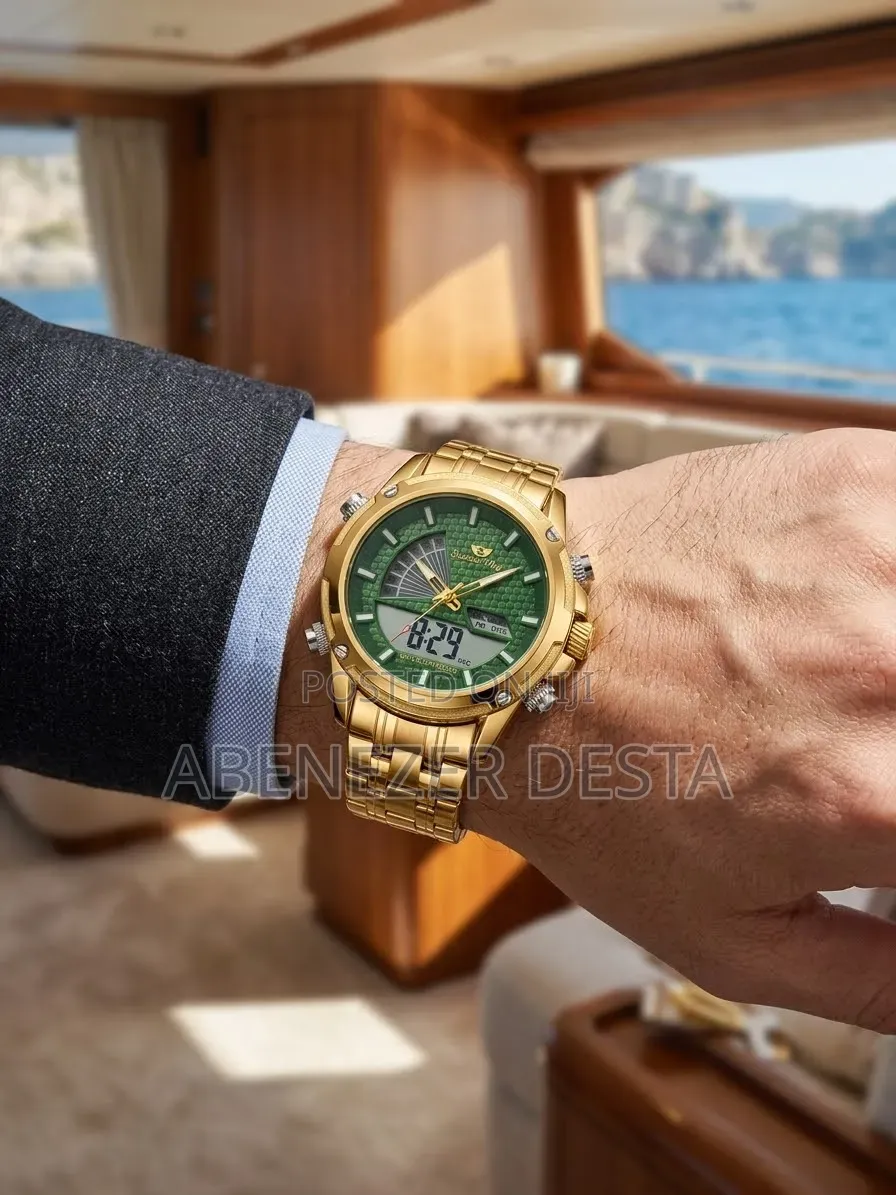 Gold-Toned Success Way Dual-Display Analog-Digital Green Textured Dial