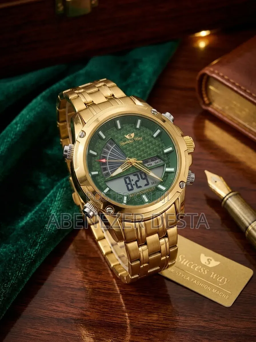 Gold-Toned Success Way Dual-Display Analog-Digital Green Textured Dial
