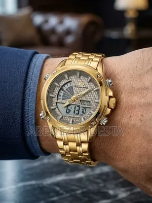 Gold-Toned Success Way Dual-Display Analog-Digitalsilver Textured Dial