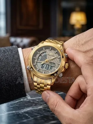 Gold-Toned Success Way Dual-Display Analog-Digitalsilver Textured Dial
