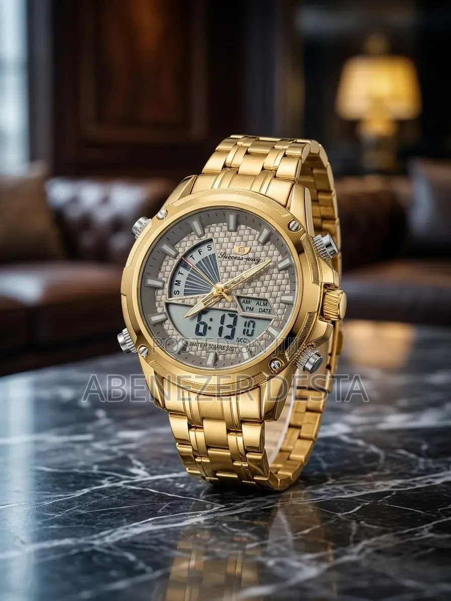 Gold-Toned Success Way Dual-Display Analog-Digitalsilver Textured Dial