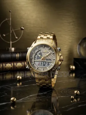 Gold-Toned Success Way Dual-Display Analog-Digitalsilver Textured Dial