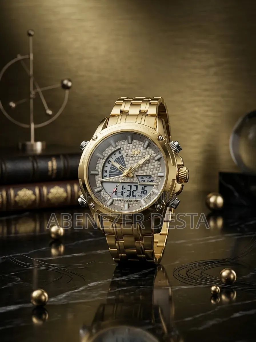 Gold-Toned Success Way Dual-Display Analog-Digitalsilver Textured Dial