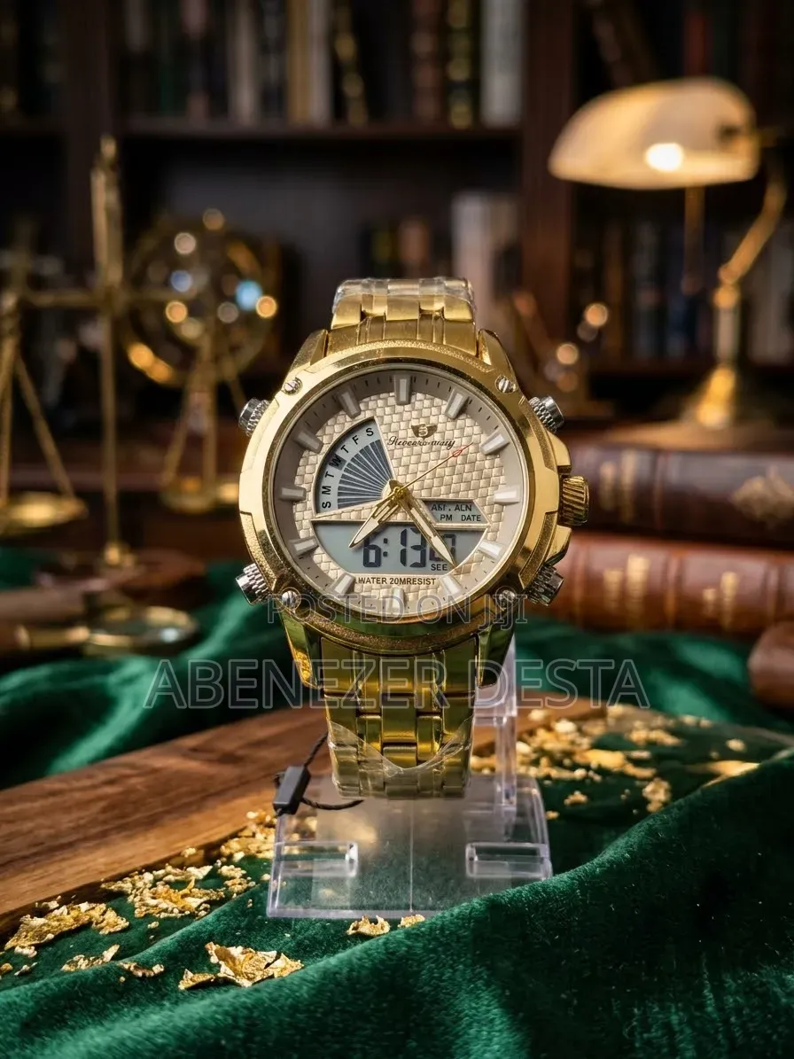 Gold-Toned Success Way Dual-Display Analog-Digitalsilver Textured Dial