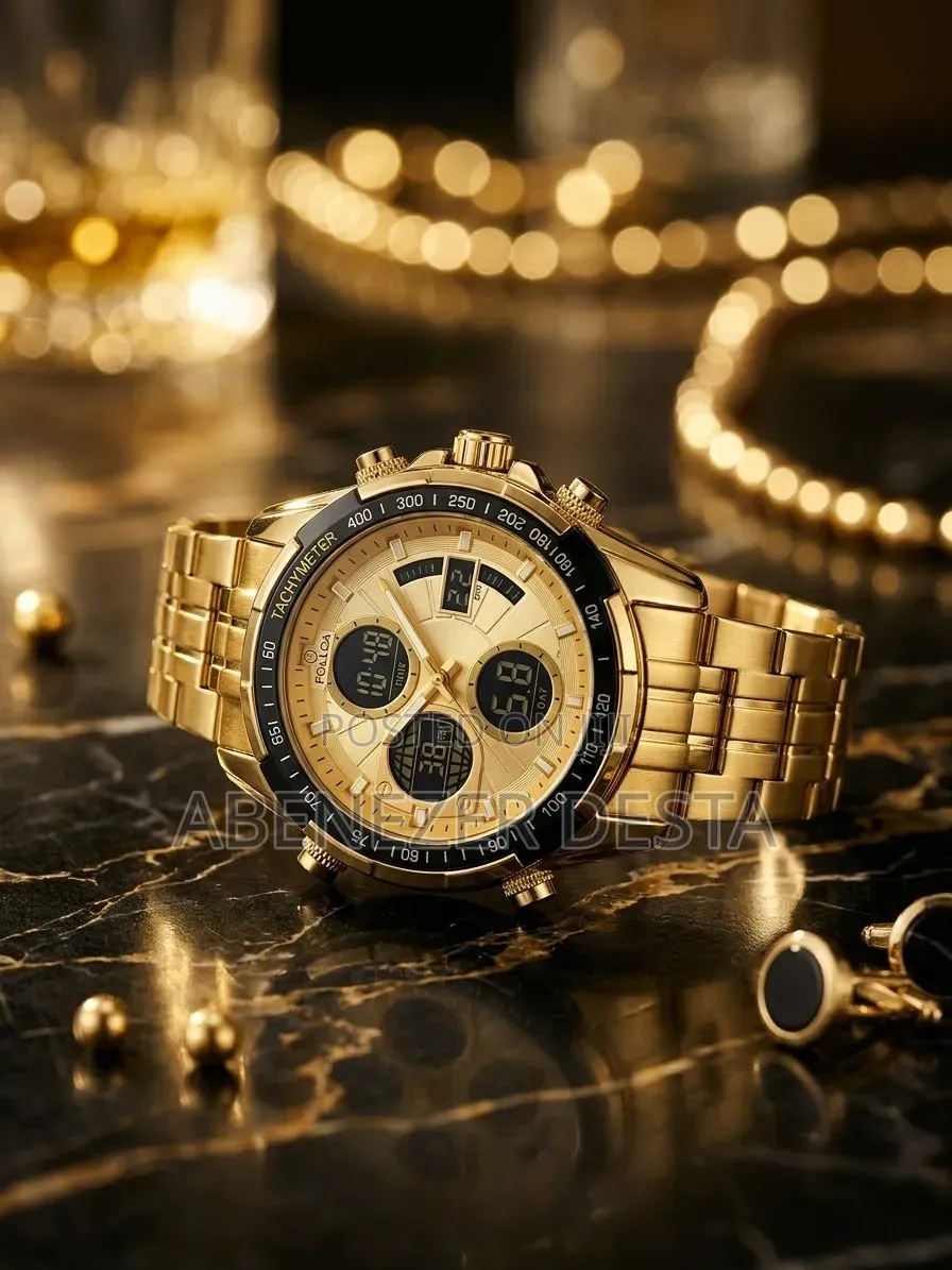 FOLLGA Gold-Toned Hybrid Analog-Digital Men's Sports Wristwatch