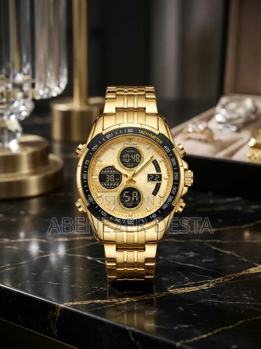 FOLLGA Gold-Toned Hybrid Analog-Digital Men's Sports Wristwatch