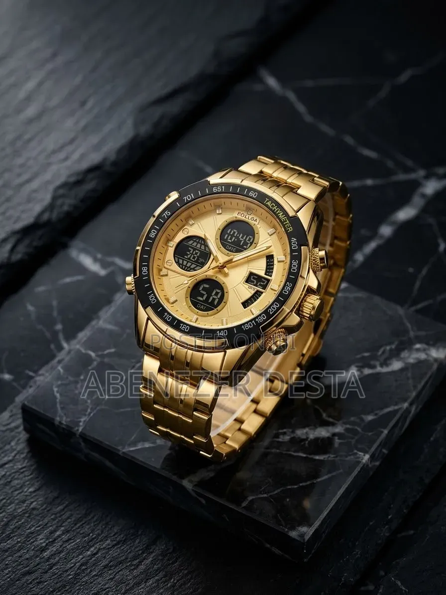 FOLLGA Gold-Toned Hybrid Analog-Digital Men's Sports Wristwatch