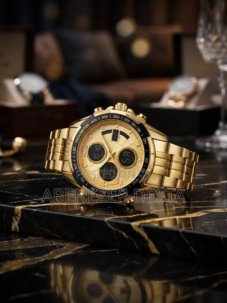 FOLLGA Gold-Toned Hybrid Analog-Digital Men's Sports Wristwatch