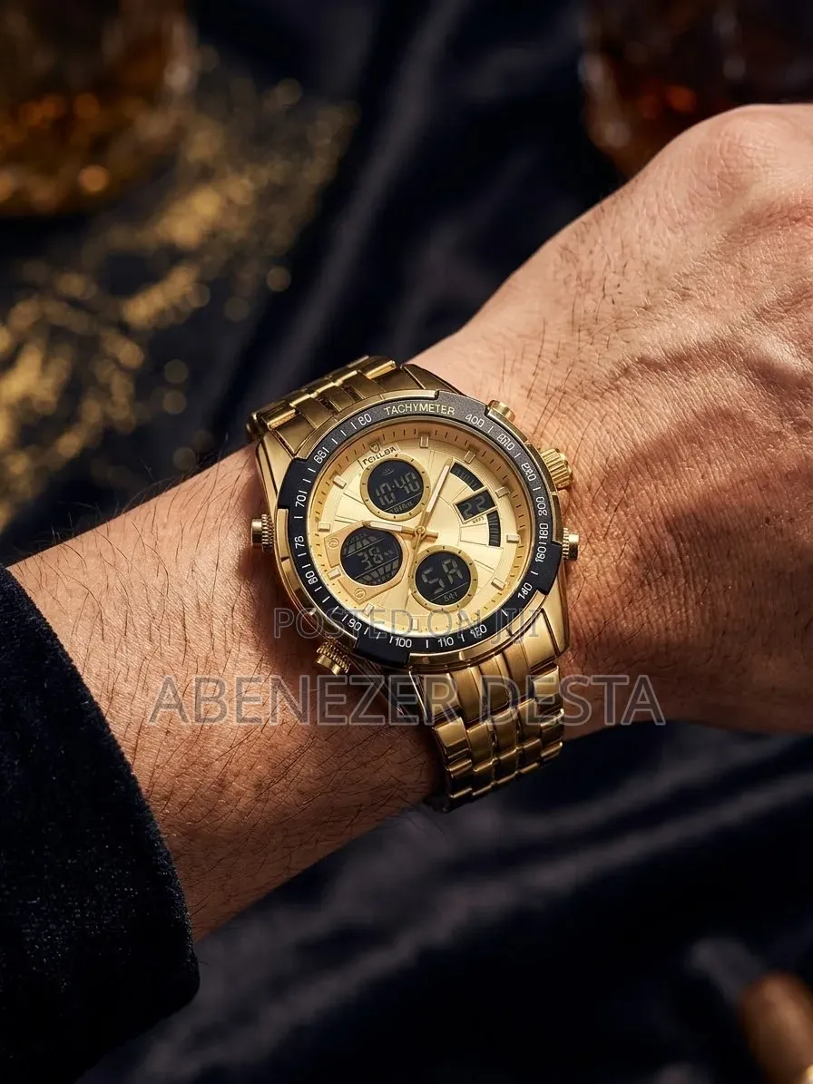 FOLLGA Gold-Toned Hybrid Analog-Digital Men's Sports Wristwatch