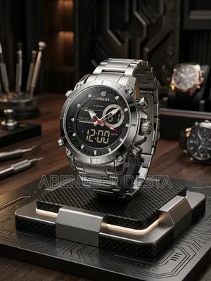 FOLLGA Silver-Toned Men's Dual-Display Wristwatch