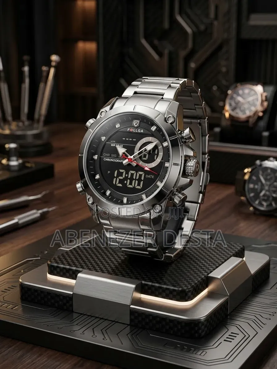 FOLLGA Silver-Toned Men's Dual-Display Wristwatch