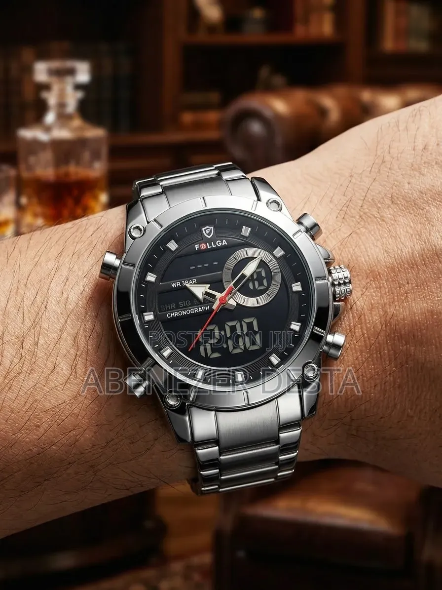 FOLLGA Silver-Toned Men's Dual-Display Wristwatch