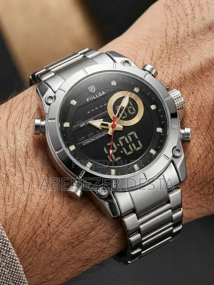 FOLLGA Silver-Toned Men's Dual-Display Wristwatch