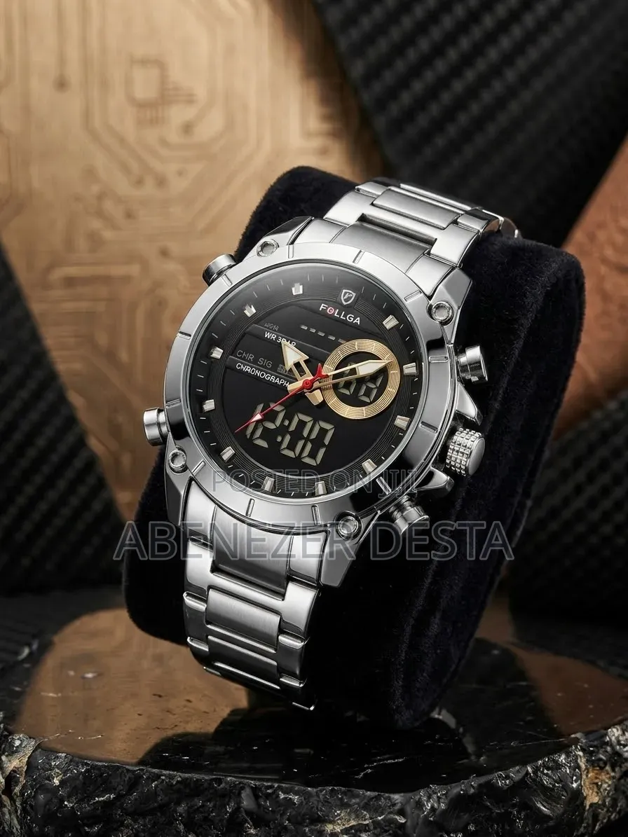 FOLLGA Silver-Toned Men's Dual-Display Wristwatch