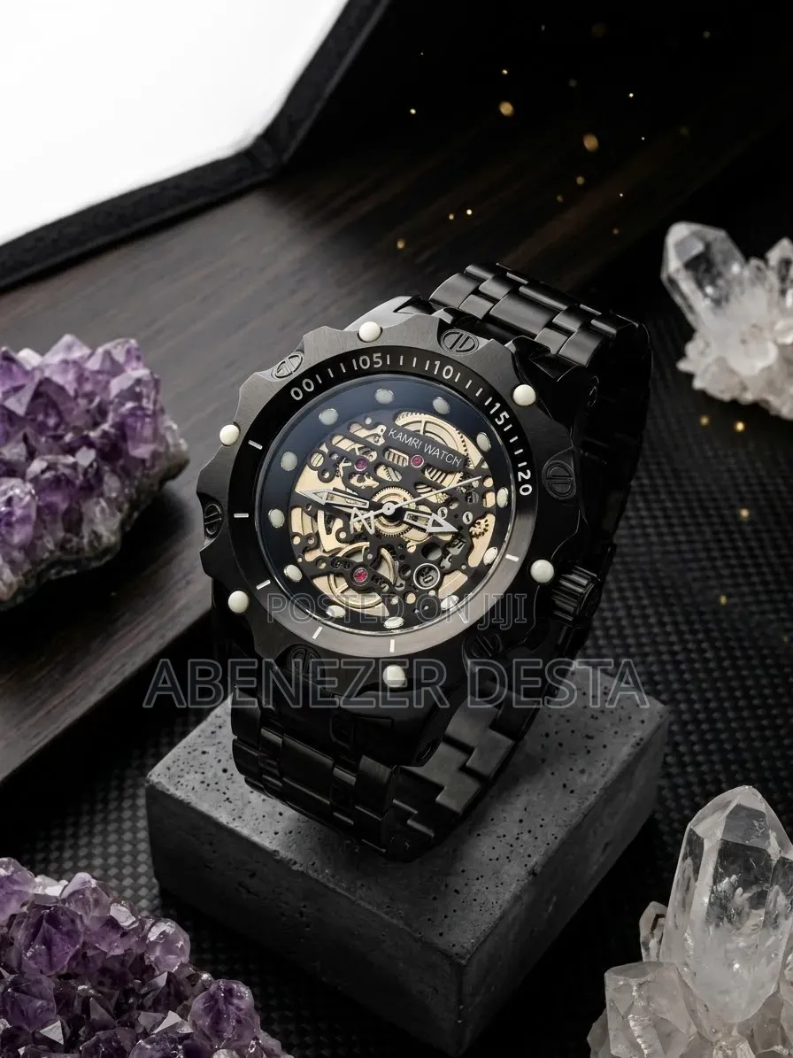 Kamri Watch Men's Skeleton-Style Wristwatch Featuring Black Stainless