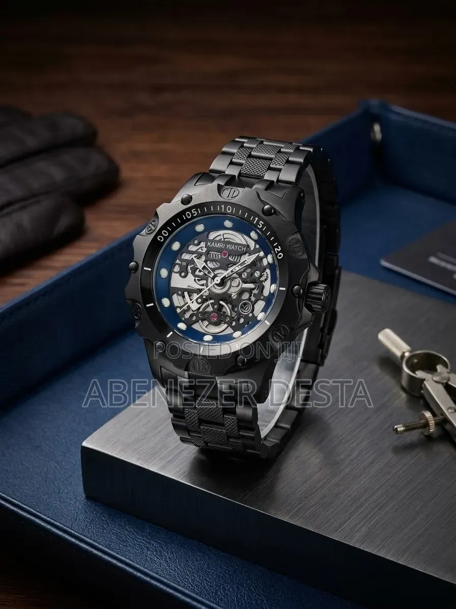 Kamri Watch Men's Skeleton-Style Wristwatch Featuring Black Stainless