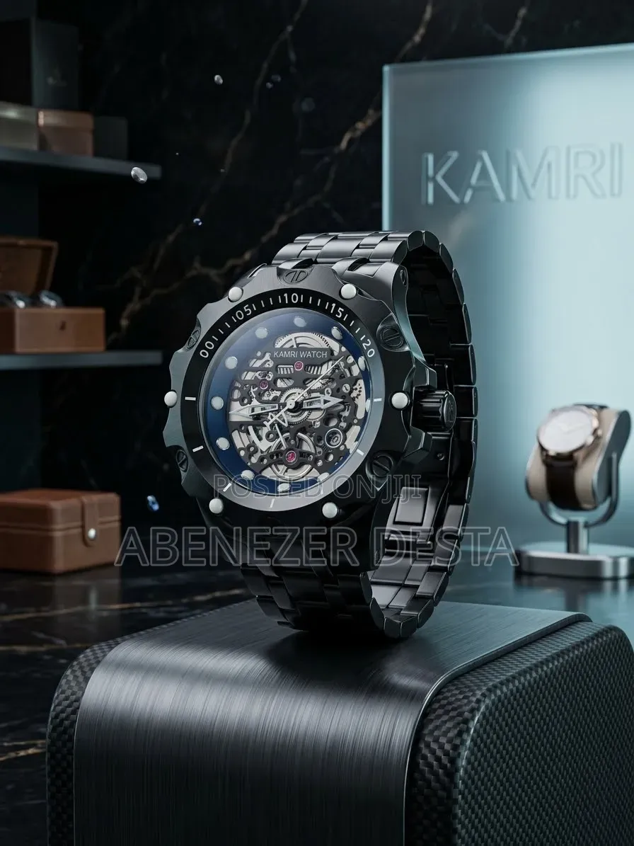 Kamri Watch Men's Skeleton-Style Wristwatch Featuring Black Stainless