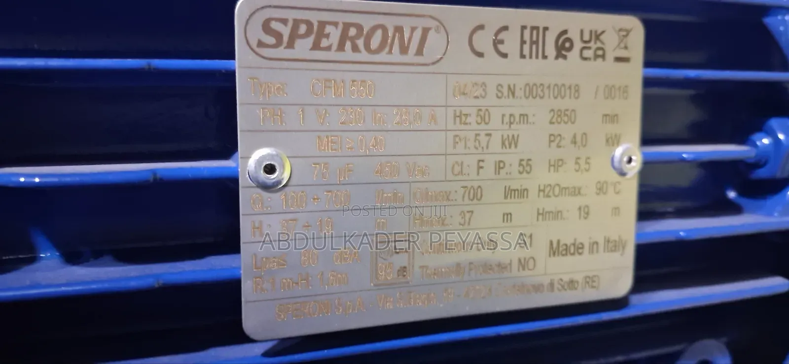 ​Original Italian Speroni CFM 550 Water Pump (5.5 HP / Single Phase)