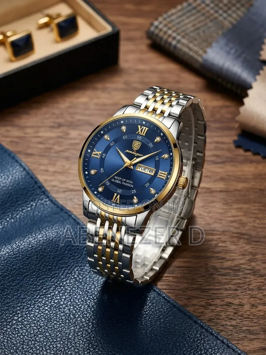 Poedagar 836 Men's Quartz Watch With a Blue Dial Gold Silver Two-Tone