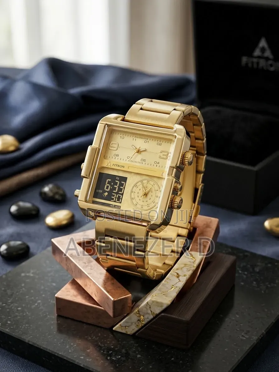 Fitron Gold-Toned Square-Case Multifunction Quartzwatch Featuring Dual