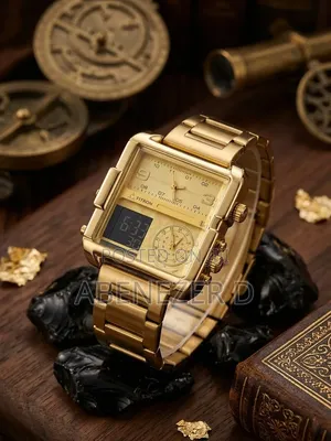 Fitron Gold-Toned Square-Case Multifunction Quartzwatch Featuring Dual