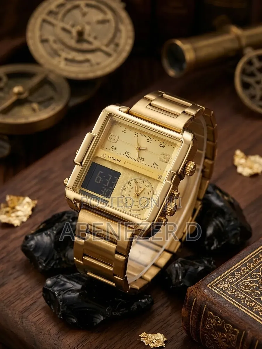 Fitron Gold-Toned Square-Case Multifunction Quartzwatch Featuring Dual