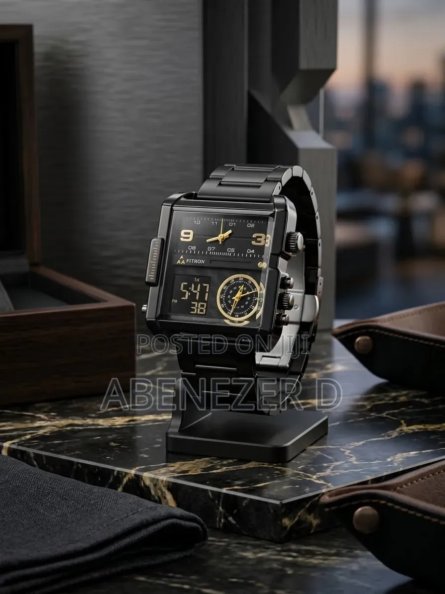 Fitron Featuring a Large Square Case, Stainless Steel Black Bandanalog