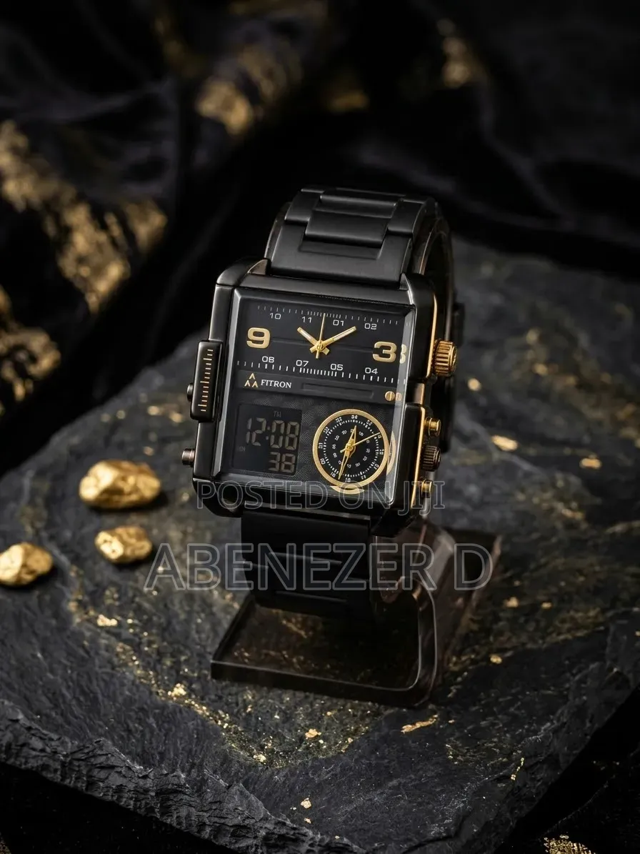 Fitron Featuring a Large Square Case, Stainless Steel Black Bandanalog