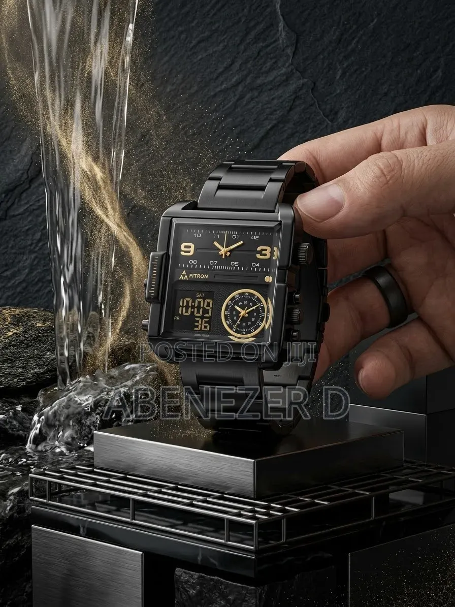 Fitron Featuring a Large Square Case, Stainless Steel Black Bandanalog