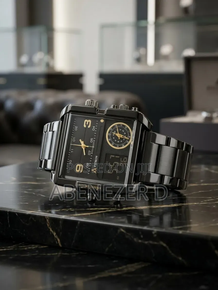 Fitron Featuring a Large Square Case, Stainless Steel Black Bandanalog