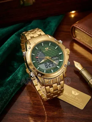 Gold-Toned Success Way Dual-Display Analog-Digital Watch With a Green