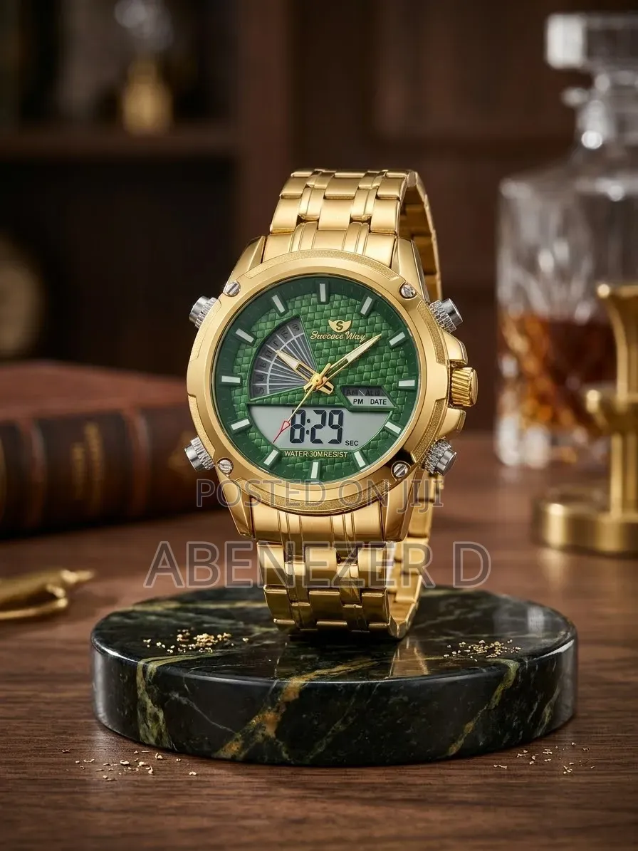 Gold-Toned Success Way Dual-Display Analog-Digital Watch With a Green